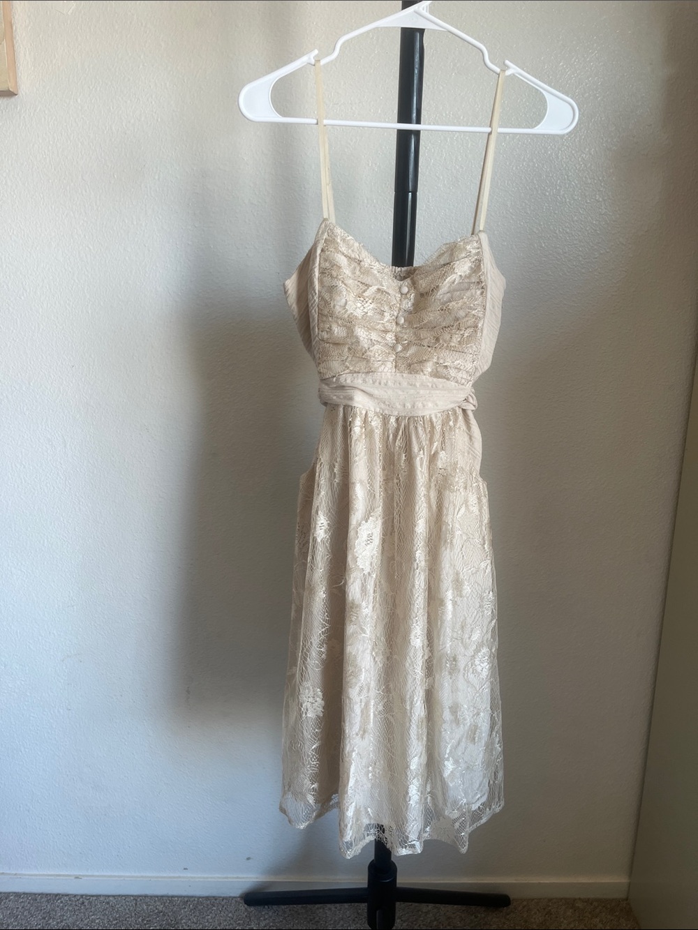 To the Max Champagne Lace Midi Dress with Spaghetti Straps